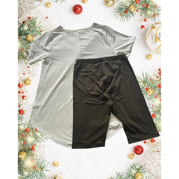 Holiday Cozy Essentials Bundle – White V-Neck Tee + Olive Biker Shorts (NWT) - Picture 4 of 5